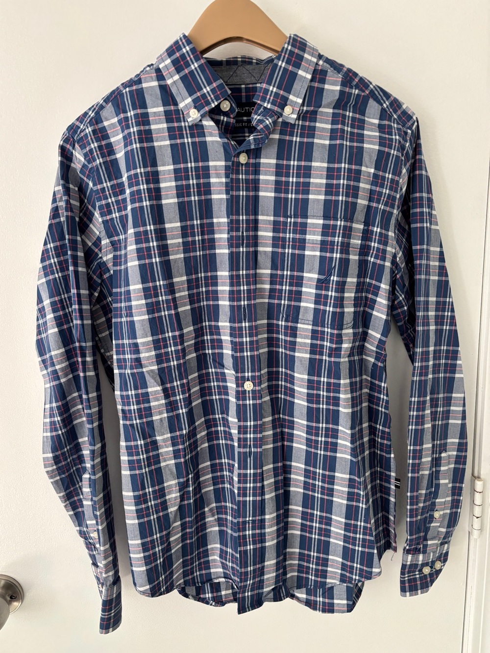 Nautica Blue, White & Red Plaid Button-Down Shirt